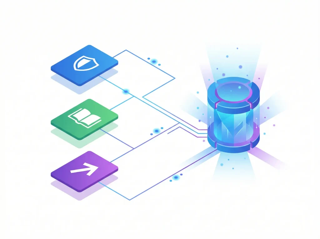 Isometric business illustration, three colorful icon cards labeled with shield
