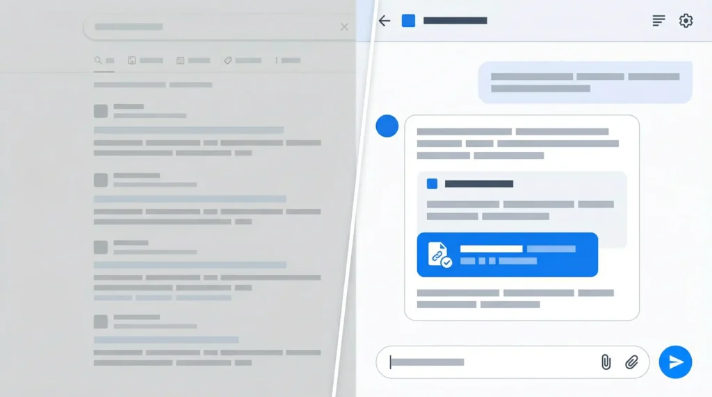 Split illustration showing traditional Google search results fading out on the left and an AI chat interface citing a business on the right, representing the shift from SEO to GEO