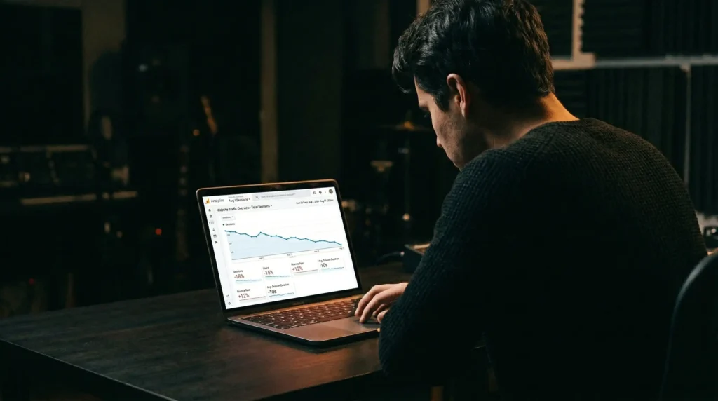 individual looking at laptop screen showing downward-trending analytics graph